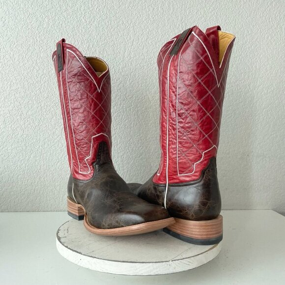 Rod Patrick Mens Cowboy Boots 14.5D Brown Mocha Bison Leather Square Toe Red Top - Picture 1 of 13